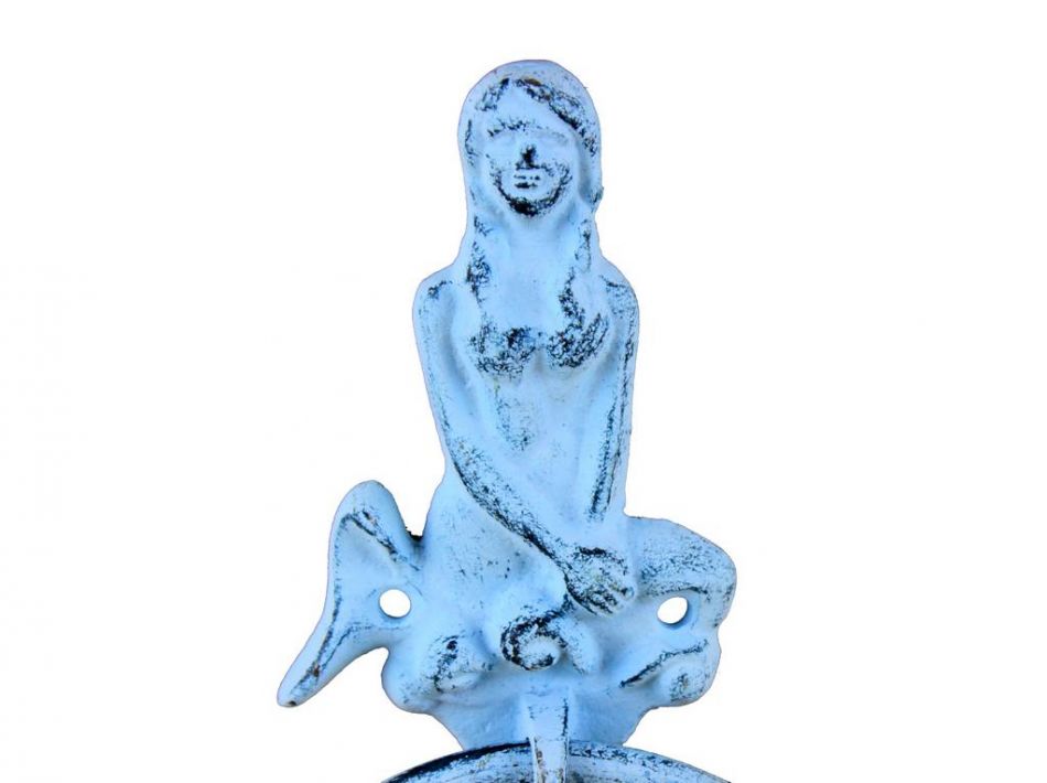 Rustic Dark Blue Whitewashed Cast Iron Mermaid Towel Holder 8.5""