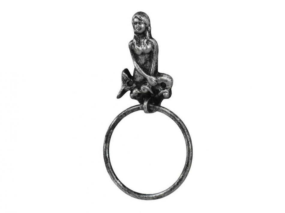 Antique Silver Cast Iron Mermaid Towel Holder 8.5""