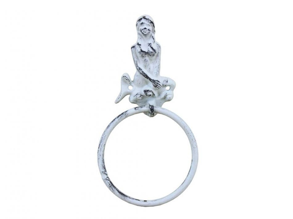 Rustic Whitewashed Cast Iron Mermaid Towel Holder 8.5""