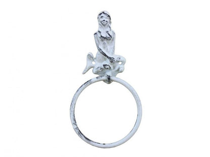 Rustic Whitewashed Cast Iron Mermaid Towel Holder 8.5""