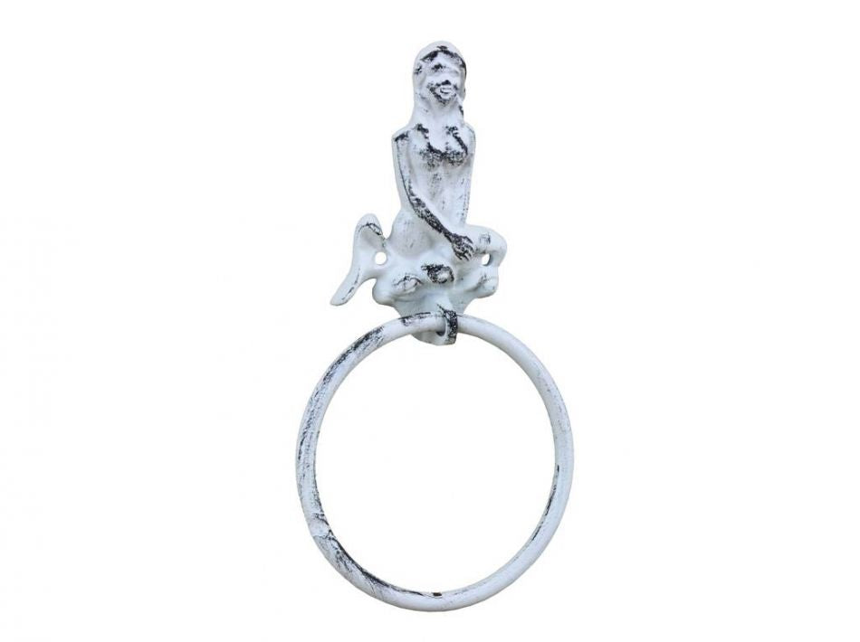 Rustic Whitewashed Cast Iron Mermaid Towel Holder 8.5""