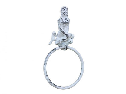 Rustic Whitewashed Cast Iron Mermaid Towel Holder 8.5""