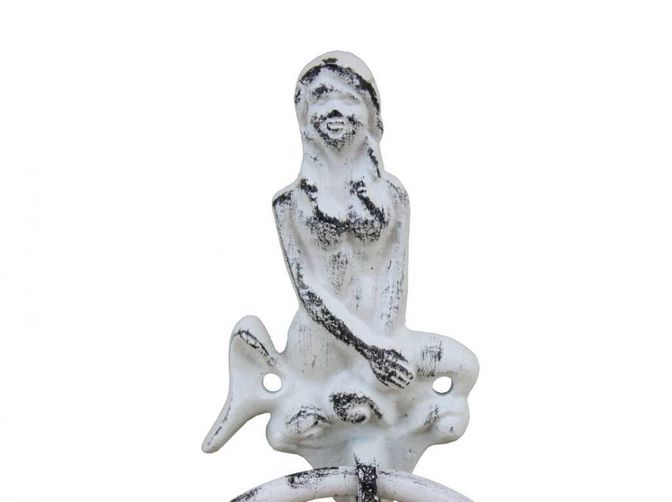 Rustic Whitewashed Cast Iron Mermaid Towel Holder 8.5""