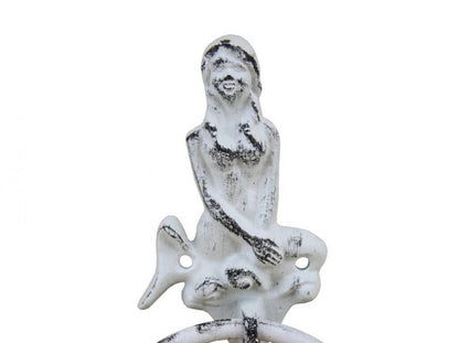 Rustic Whitewashed Cast Iron Mermaid Towel Holder 8.5""