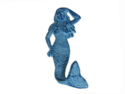 Rustic Light Blue Whitewashed Cast Iron Mermaid Hook 6""