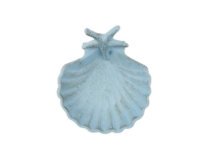 Rustic Light Blue Cast Iron Shell With Starfish Decorative Bowl 6""