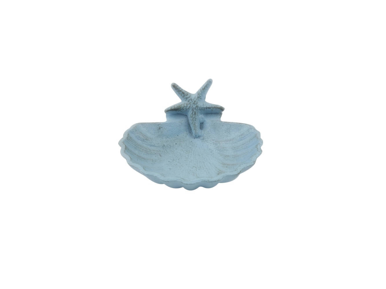 Rustic Light Blue Cast Iron Shell With Starfish Decorative Bowl 6""