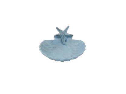 Rustic Light Blue Cast Iron Shell With Starfish Decorative Bowl 6""