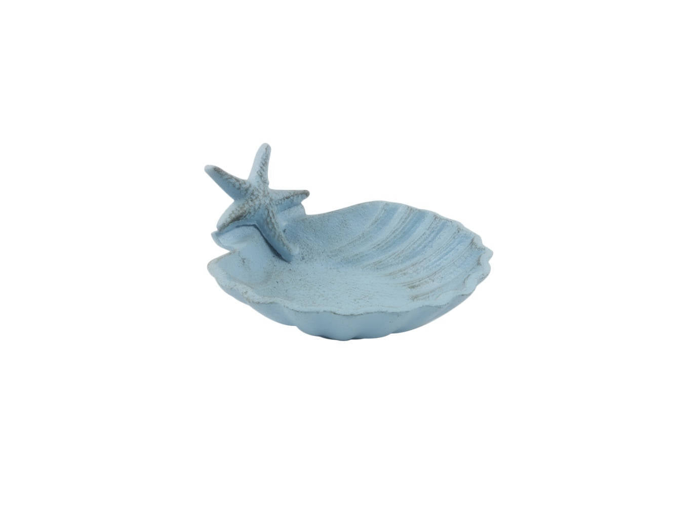 Rustic Light Blue Cast Iron Shell With Starfish Decorative Bowl 6""