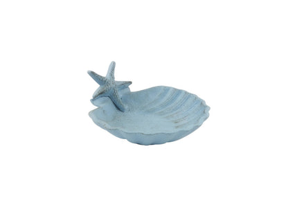 Rustic Light Blue Cast Iron Shell With Starfish Decorative Bowl 6""