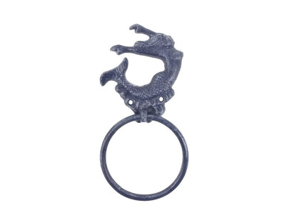 Rustic Dark Blue Cast Iron Arching Mermaid Towel Holder 9""