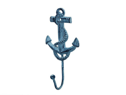 Rustic Dark Blue Whitewashed Cast Iron Anchor Hook 7""