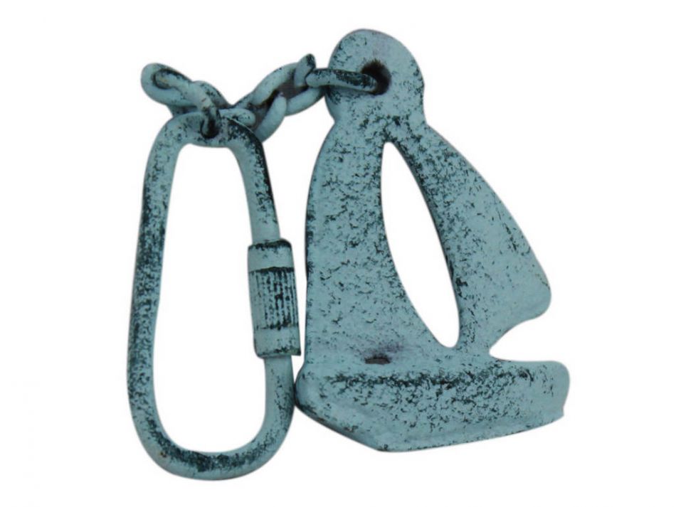 Dark Blue Whitewashed Cast Iron Sailboat Key Chain 5""
