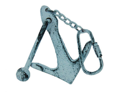 Dark Blue Whitewashed Cast Iron Anchor Key Chain 5""