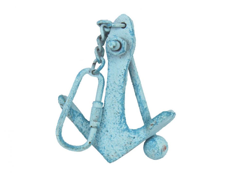 Light Blue Whitewashed Cast Iron Anchor Key Chain 5""