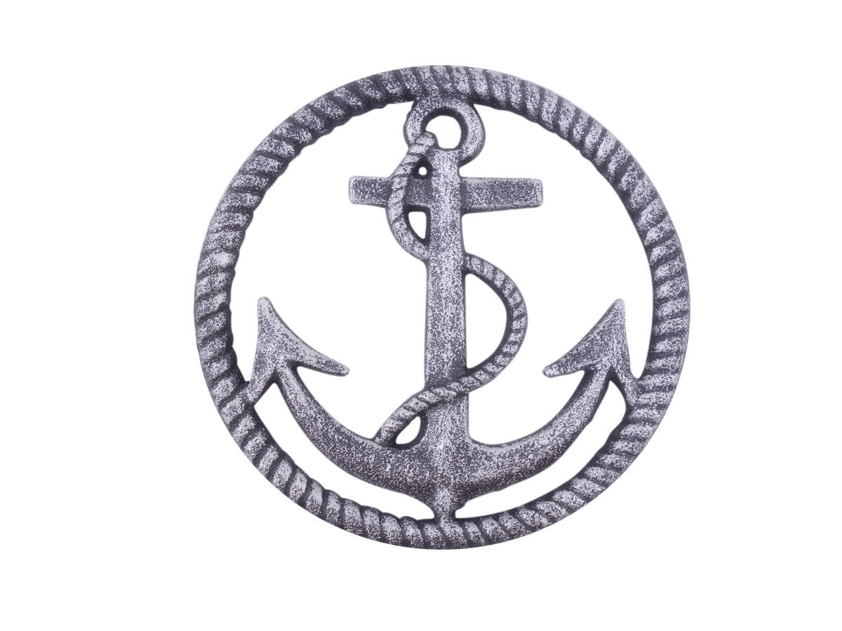 Rustic Silver Cast Iron Anchor and Rope Nautical Kitchen Trivet 7""