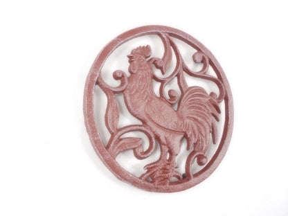 Rustic Red Whitewashed Cast Iron Rooster Trivet 8""