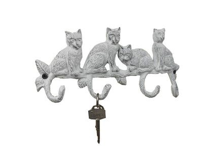Whitewashed Cast Iron Sitting Cat Family Decorative Metal Wall Hooks 11""