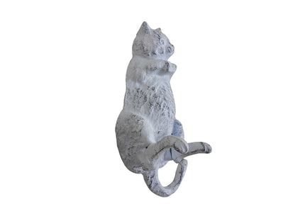 Whitewashed Cast Iron Happy Fat Cat Decorative Metal Wall Hook 6""