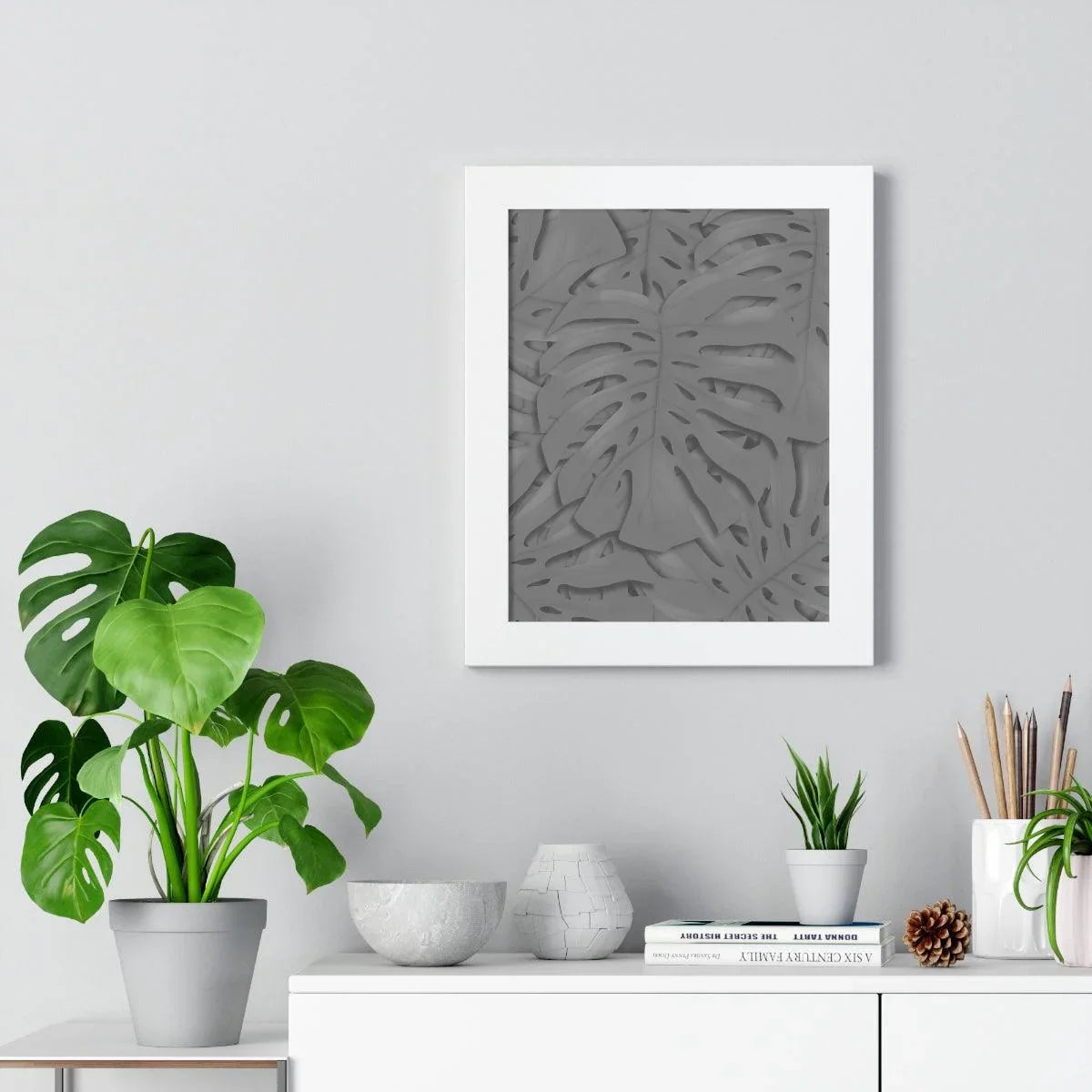 Grey Monstera Framed Print – Botanical Wall Art
