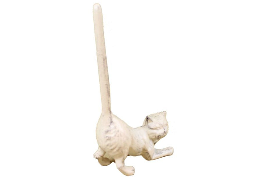 Whitewashed Cast Iron Cat Paper Towel Holder 10""