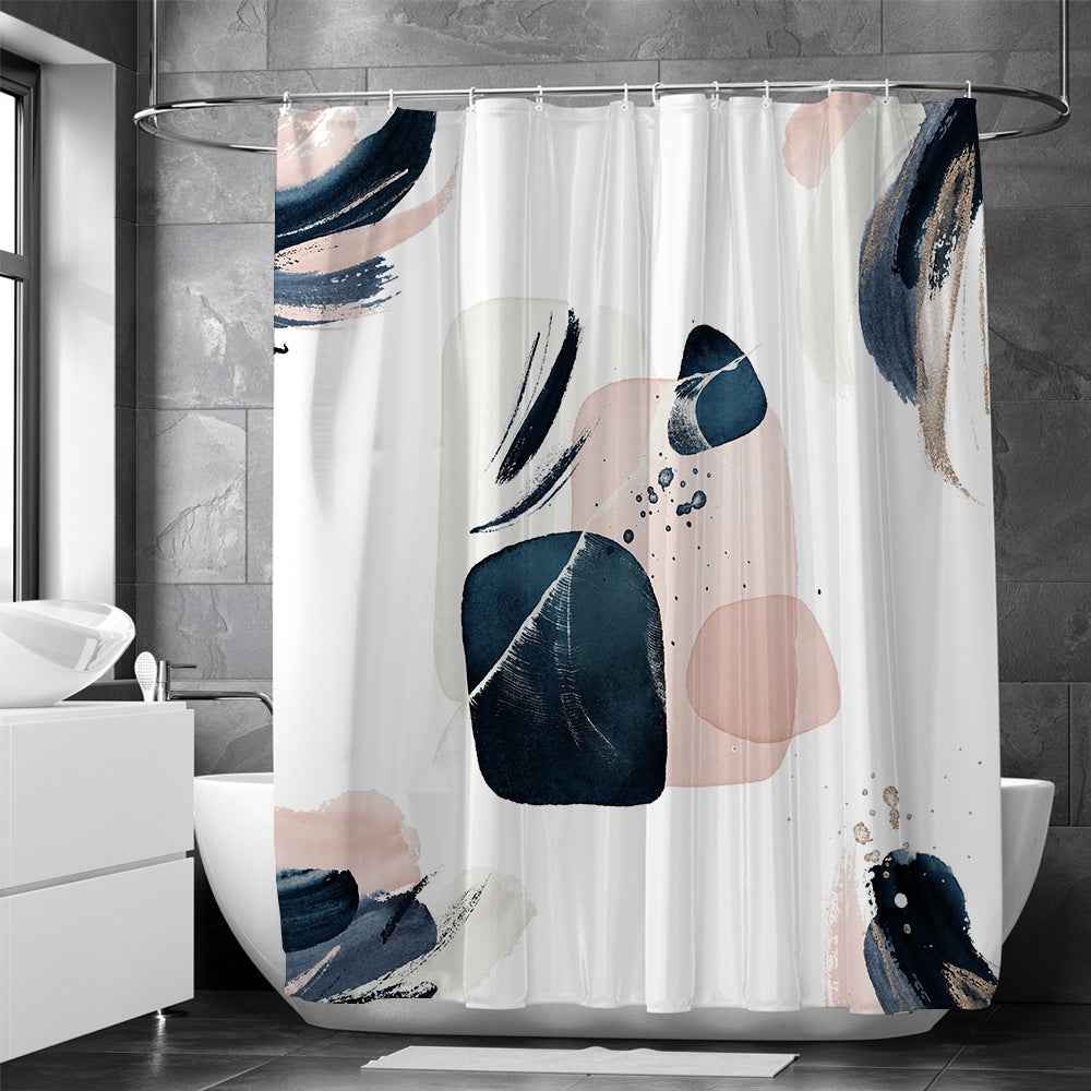 Modern Retro Neutral Waterproof Shower Curtain Set - Abstract Geometric Waffle Weave Fabric for Minimalist Bath Decor