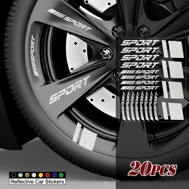 20pcs Reflective Sport Car Wheel Rim Vinyl Stickers - Self-Adhesive Racing Stripe Decals with Glossy Finish, Checkered & Stripe Patterns, Red/ Colors, Irregular Shapes for Night Driving Safety, Easy Application & Removal, Dur