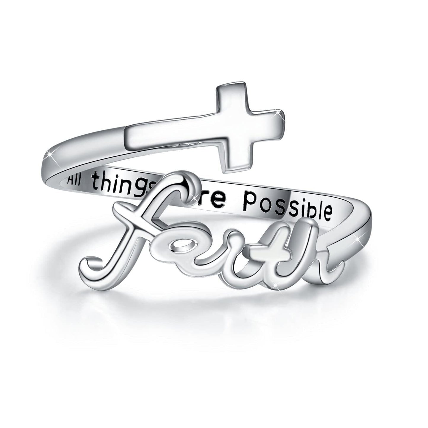 Sterling Silver Cross Ring "All Things Are Possible" Inlay "Faith" Design