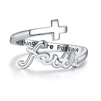 Sterling Silver Cross Ring "All Things Are Possible" Inlay "Faith" Design