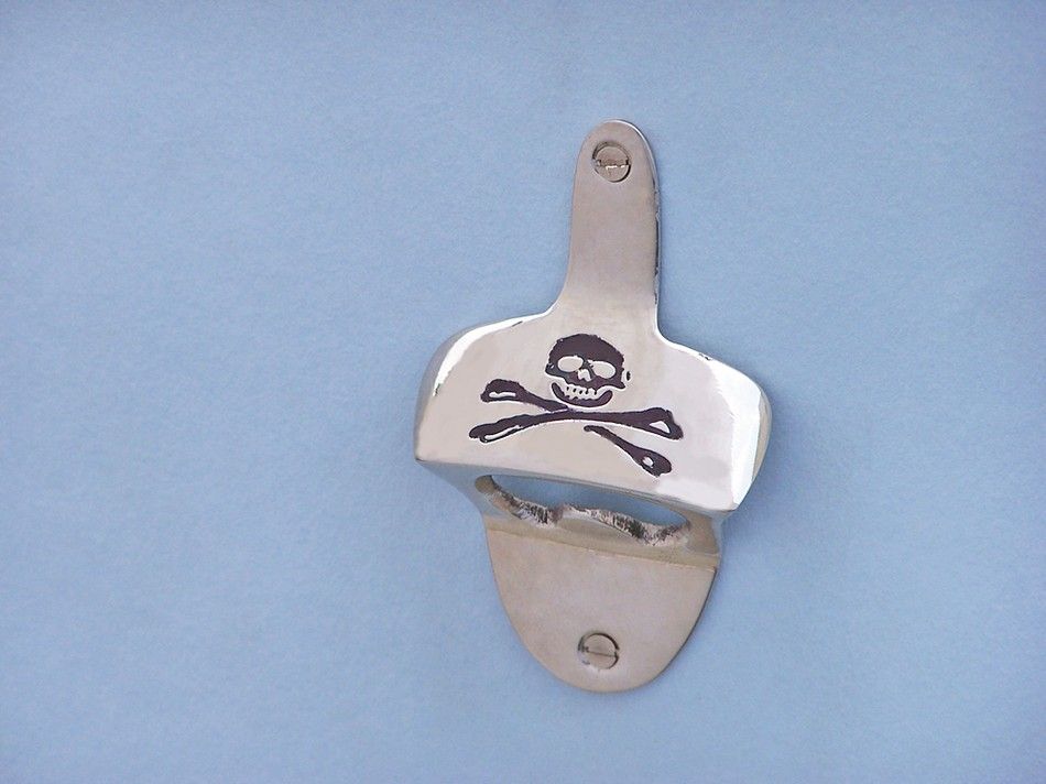 Chrome Pirate Skull and Crossbones Wall Mounted Bottle Opener 3.5""