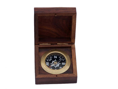 Antique Brass Black Desk Compass with Rosewood Box 3""