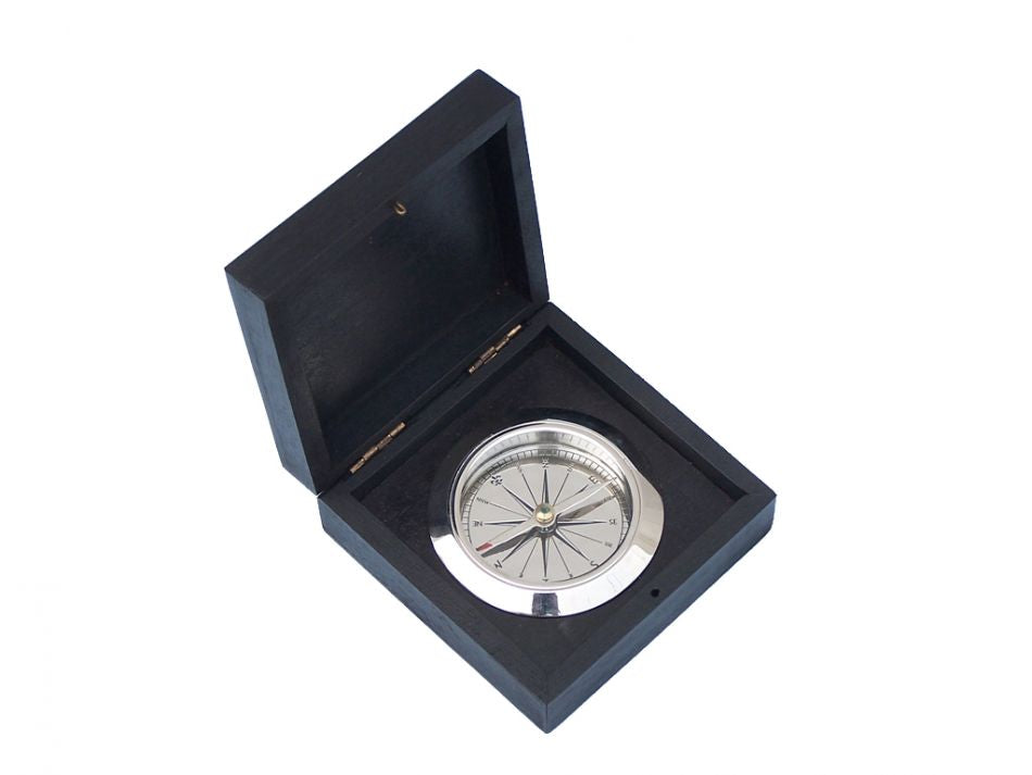 Chrome Captain's Desk Compass w/ Black Rosewood Box 4""