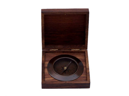 Antique Copper Admirals Desk Compass with Rosewood Box 5""