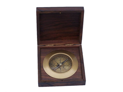 Antique Brass Admirals Desk Compass with Rosewood Box 5""