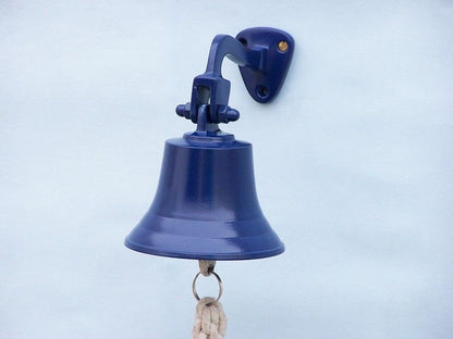 Solid Brass Hanging Ship's Bell 6"" - Blue Powder Coated