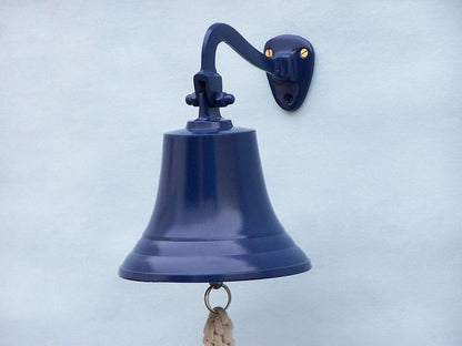 Solid Brass Hanging Ship's Bell 9"" - Blue Powder Coated