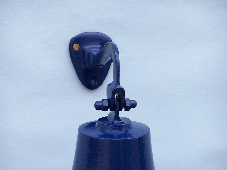 Solid Brass Hanging Ship's Bell 9"" - Blue Powder Coated