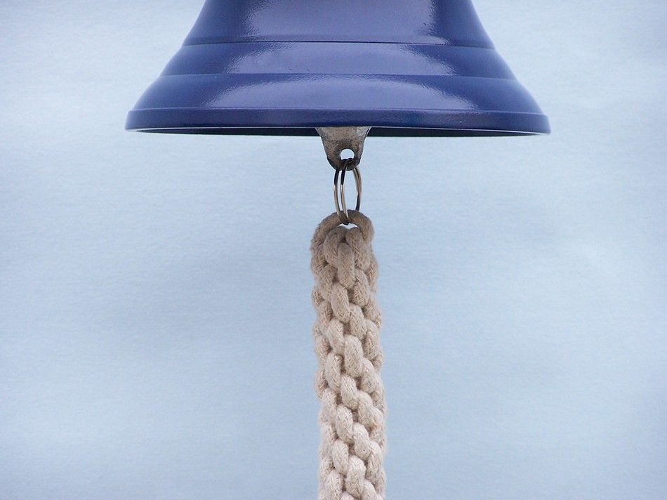 Solid Brass Hanging Ship's Bell 9"" - Blue Powder Coated