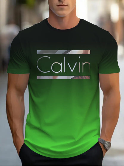 Summer Men'S 3D Digital Printing, Cool Gradual Change: "Calvin" Printed T-Shirt, Casual And Comfortable Versatile Men'S Round Neck Short Sleeves, Suitable for Daily And Sports Wear