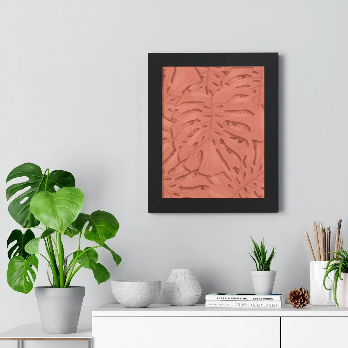 Coral Monstera Framed Print – Botanical Wall Art