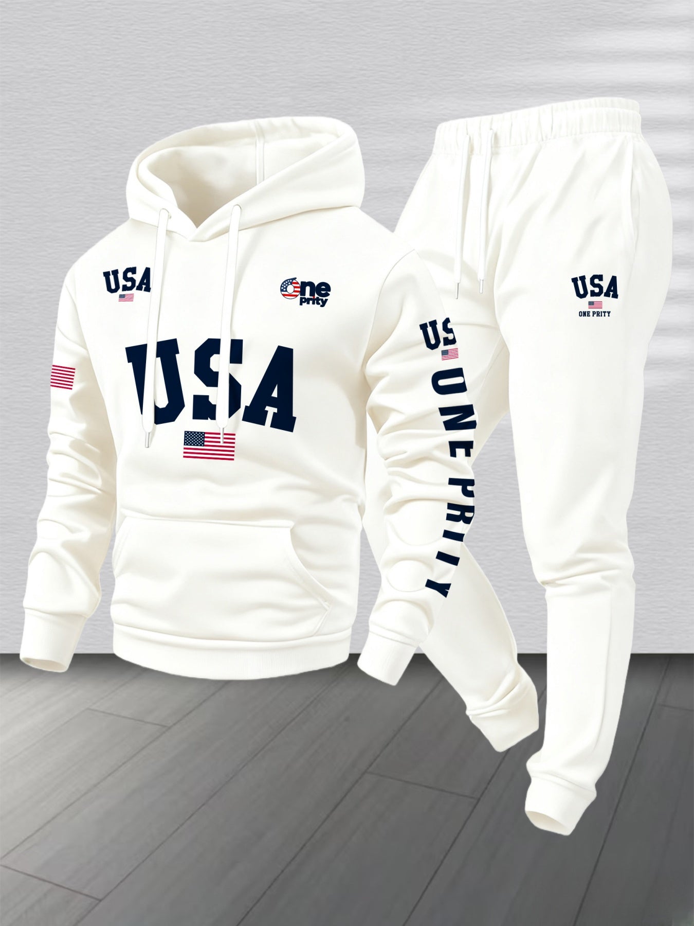 Men'S USA Flag Print Hoodie & Sweatpants Two-Piece Set - White with Red, White & Blue Design, Comfortable Warm Casual Streetwear Outfit, Regular Fit, Long Sleeve