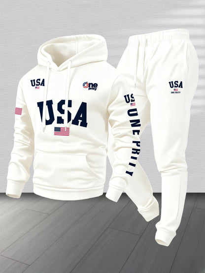 Men'S USA Flag Print Hoodie & Sweatpants Two-Piece Set - White with Red, White & Blue Design, Comfortable Warm Casual Streetwear Outfit, Regular Fit, Long Sleeve