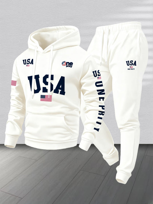 Men'S USA Flag Print Hoodie & Sweatpants Two-Piece Set - White with Red, White & Blue Design, Comfortable Warm Casual Streetwear Outfit, Regular Fit, Long Sleeve