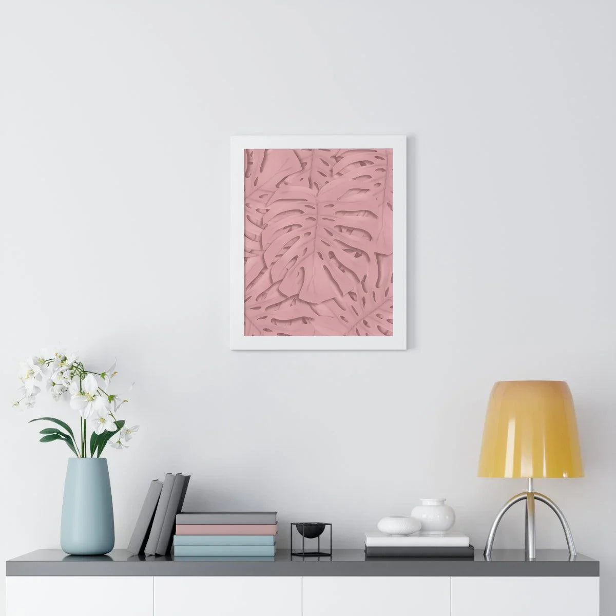 Soft Pink Monstera Framed Print – Botanical Wall Art