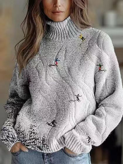 Elegant 3D Floral Print Turtleneck Sweater - Cozy Long Sleeve Pullover