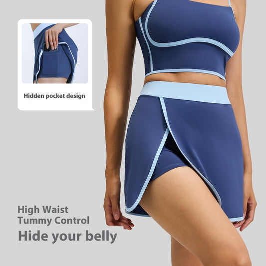 Linear Anti-exposure Built-in Pocket Fitness Yoga Fake Two-piece Skirts