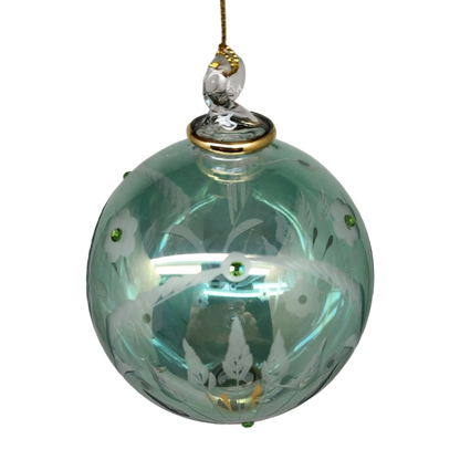 Etched Blown Glass Ball with Crystal Accents - Green