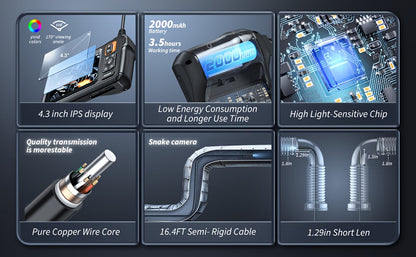 Endoscope Rechargeable Wire Cam w/ 8 LED Light 4.3" Screen 1080PHD 16ft.