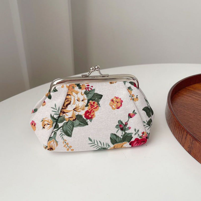 Retro Mini Canvas Coin Purse - Vintage Floral Plaid Small Zipper Wallet Organizer