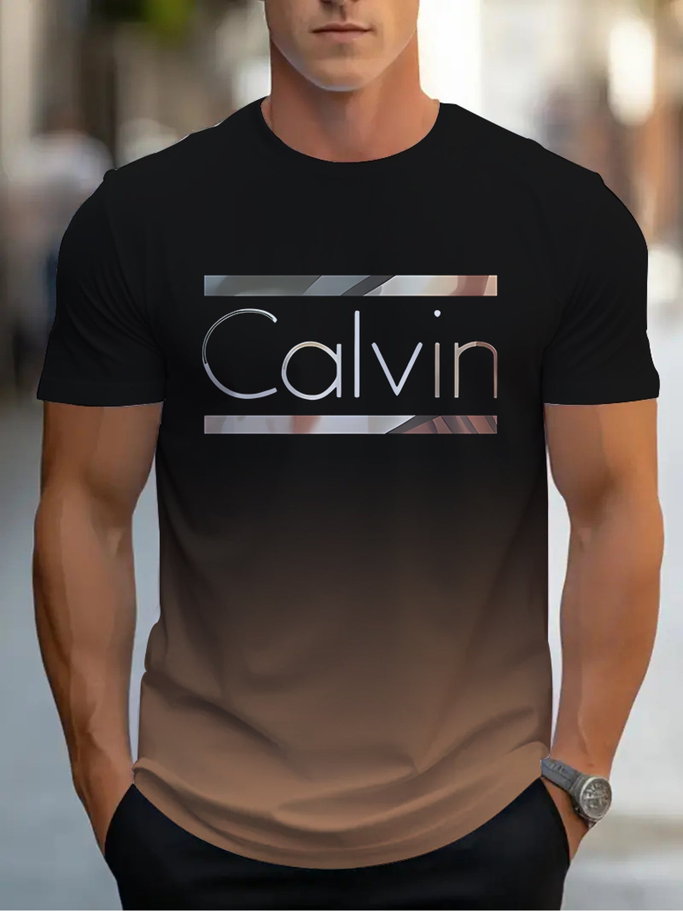 Summer Men'S 3D Digital Printing, Cool Gradual Change: "Calvin" Printed T-Shirt, Casual And Comfortable Versatile Men'S Round Neck Short Sleeves, Suitable for Daily And Sports Wear